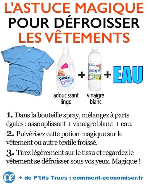 Mélangez de l'après-shampoing, du vinaigre et de l'eau pour faire un spray qui défroisse les vêtements.
