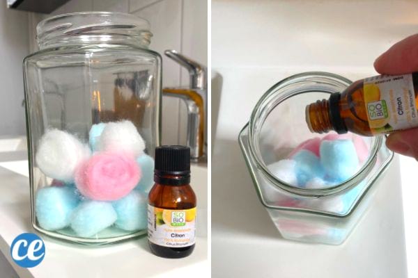 Un bocal avec des cotons imbibés d'huile essentielle pour que la salle de bain sente bon.