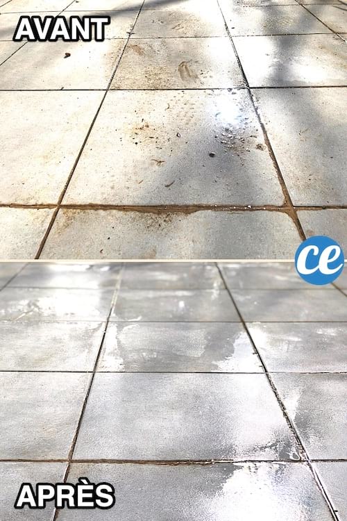 Un carrelage encrassé avant et tout propre après avoir été nettoyé au naturel