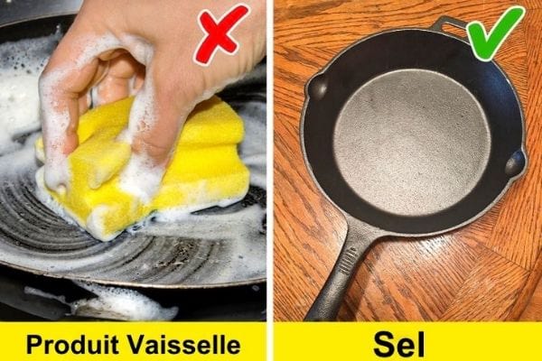 Reinigen Sie eine Gusseisenpfanne mit Salz und nicht mit Spülmittel