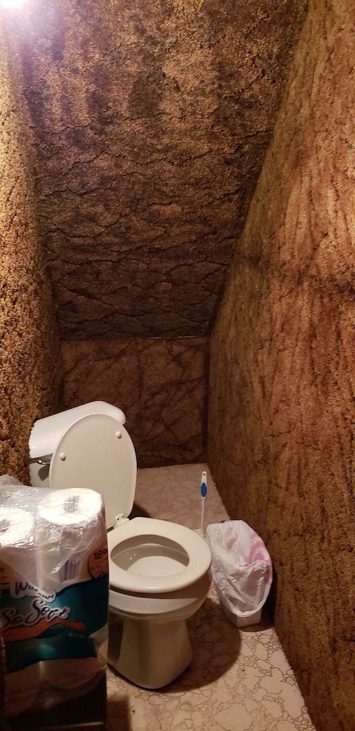 Toilette avec un mur en diagonale recouvert de moquette