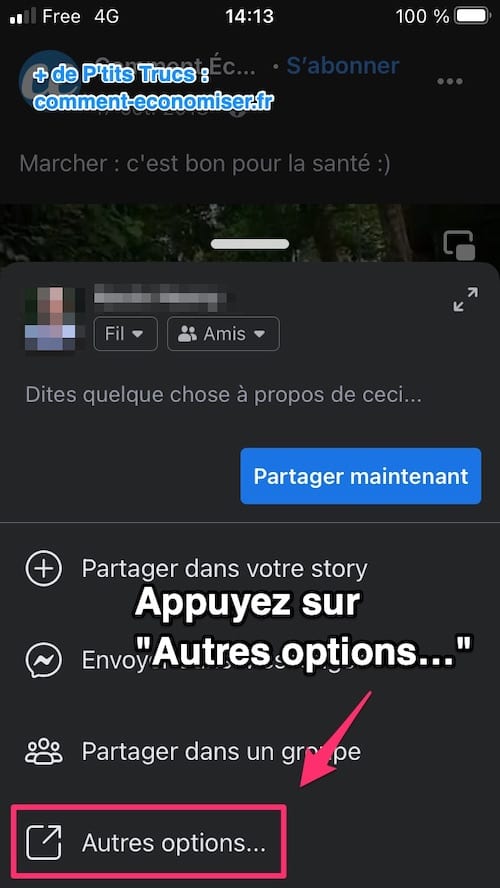 Pour télécharger une vidéo Facebook gratuitement sur votre téléphone, appuyez sur "Autres options…".
