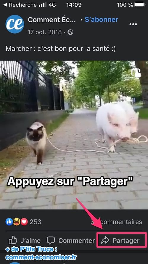 Pour télécharger une vidéo Facebook gratuitement sur votre téléphone, appuyez sur "Partager".