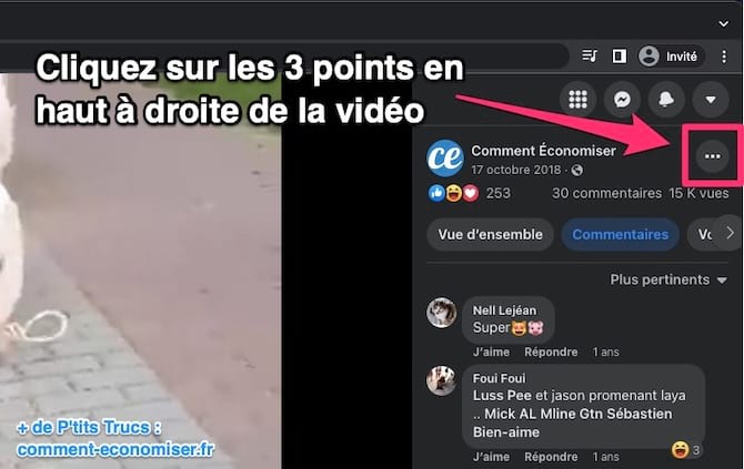 Pour l'enregistrer, cliquez sur les 3 points en haut à droite de la vidéo Facebook.