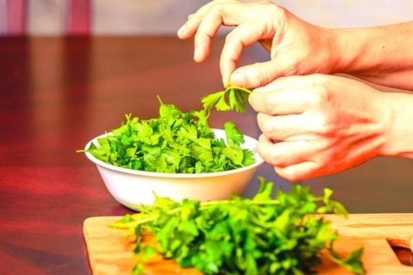 Du persil riche en vitamine C dans une coupelle 