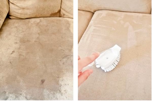 Nettoyage d'un canapé en microfibre avec une brosse blanche