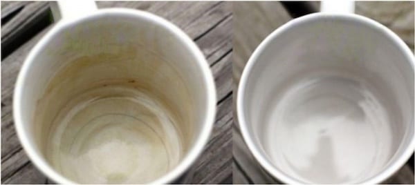 Nettoyage d'une tasse de café avant et après 