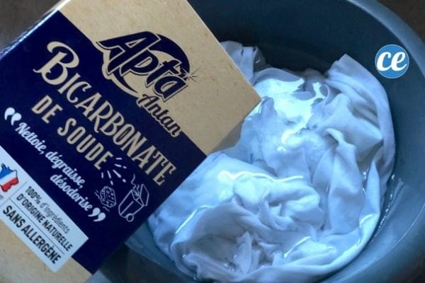 du bicarbonate versé dans une bassine d'eau froide avec un t-shirt