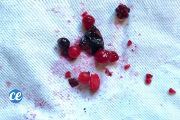 des taches de fruits rouges sur un torchon blanc