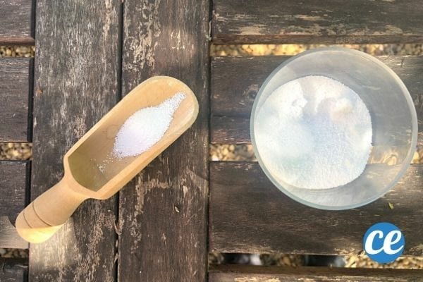 un pot de percarbonate de soude avec une cuillère en bois