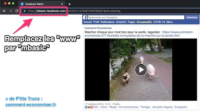 Pour enregistrer une vidéo Facebook, remplacez les "www" de l'URL par "mbasic".