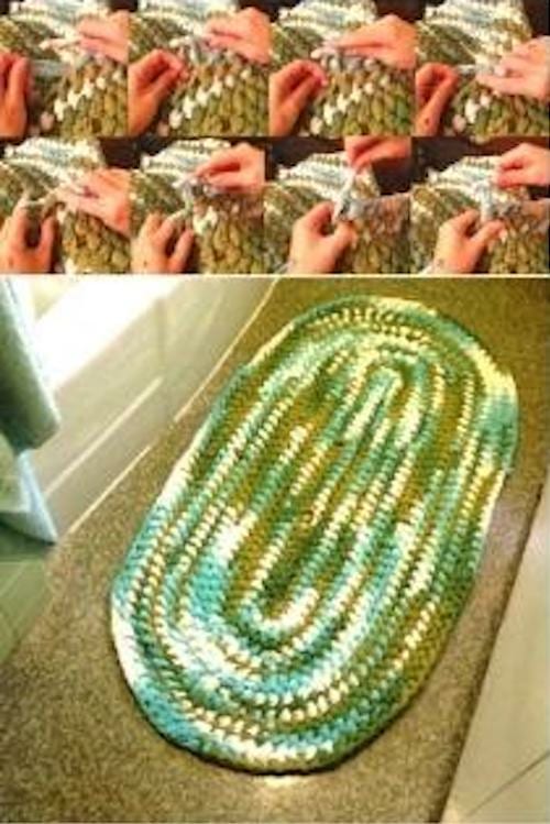 Tressez des morceaux de vieux draps pour faire un tapis de salle de bain.