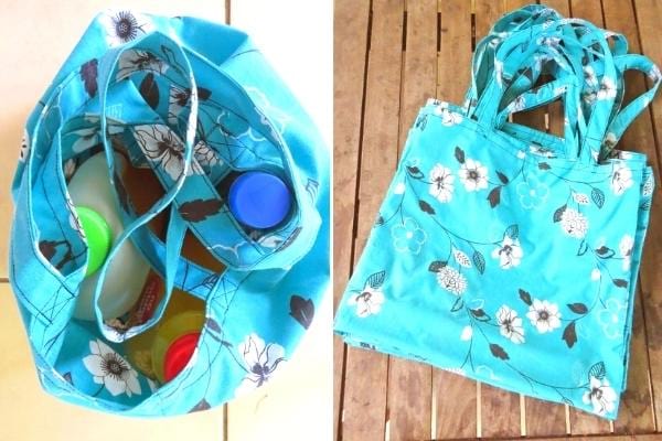 Des magnifiques sacs à courses en tissu faits avec des vieux draps de maison.