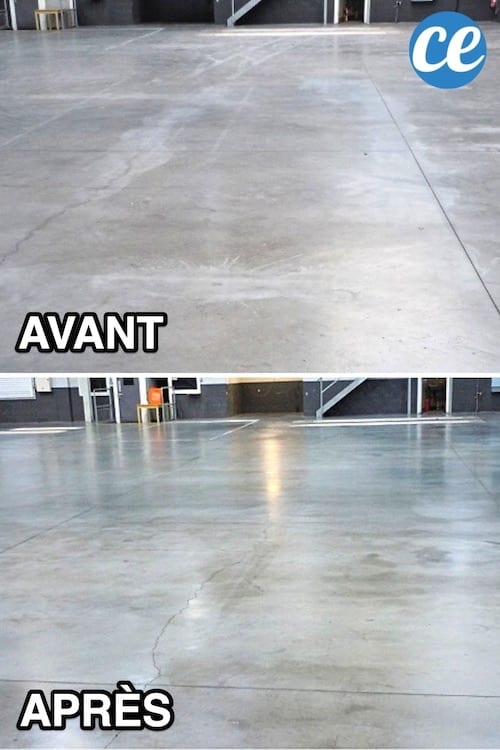 Un sol de cuisine en béton ciré qui est très sale et très propre après nettoyage