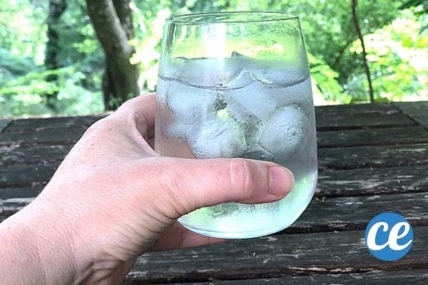 a glass of ice water in front of a green landscape