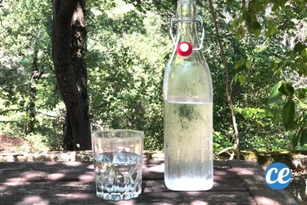 une bouteille d'eau fraiche avec un verre posée sur une table en bois pour boire pendant la canicule