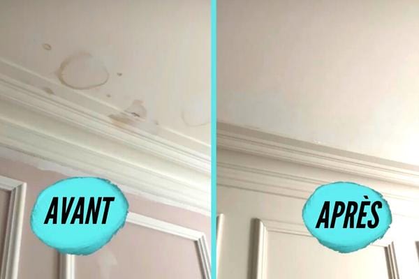 Une tache d'humidité sur le plafond avant et plus rien après grâce à l'astuce de l'eau de javel