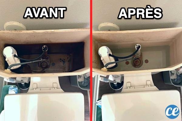 Une chasse d'eau toute noire avant le nettoyage et toute blanche après 