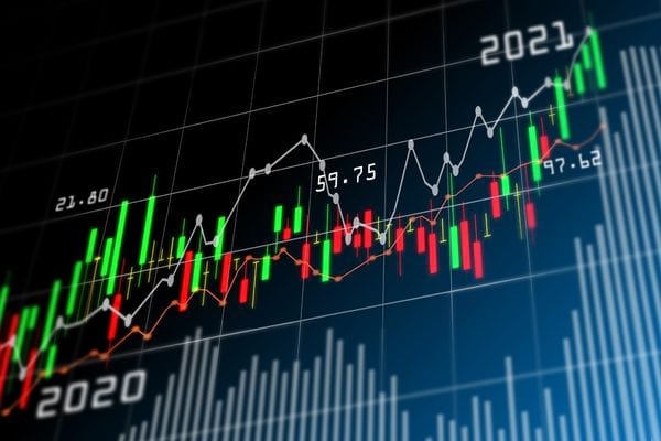 un graphique sur fond noir qui montre une hausse