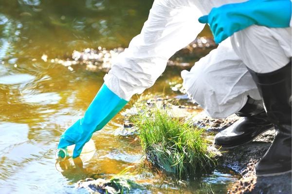 Un homme qui fait des tests dans une rivière polluée à cause de l'adoucissant
