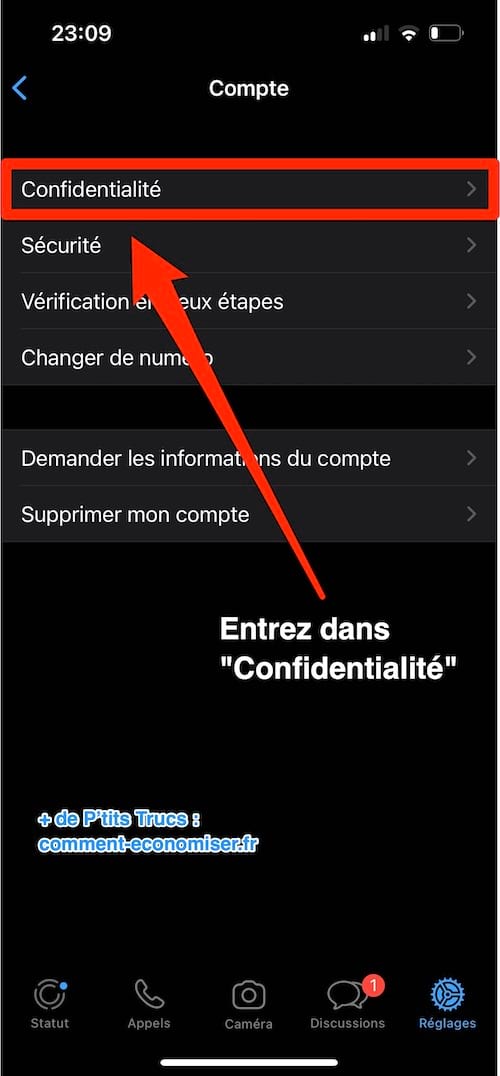 Dans compte il faut sélectionner confidentialité