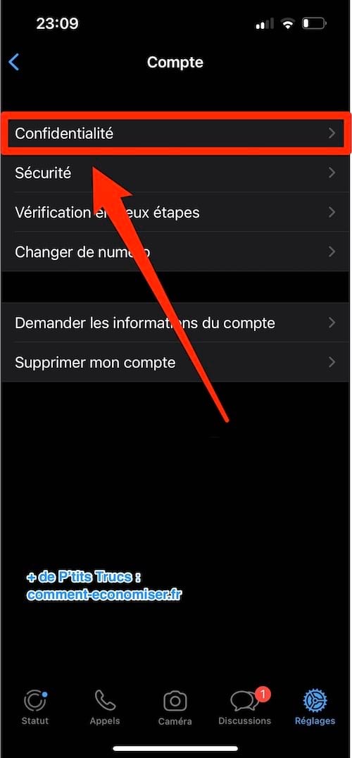 Le menu "compte" dans WhatsApp