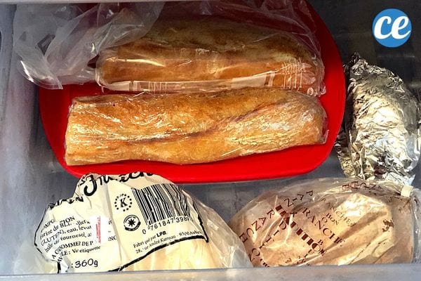 des baguettes de pain dans des sacs en plastique, du film alimentaire, du papier alu et une boite pour être congelées