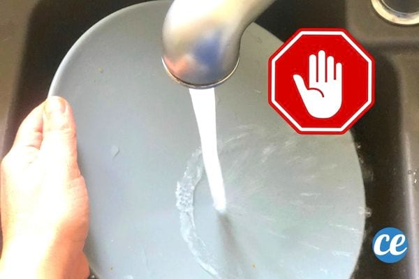 Une personne en train de rincer une assiette sous l'eau