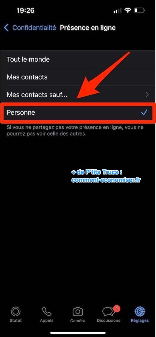 Sélectionner "personne" dans "présence en ligne"