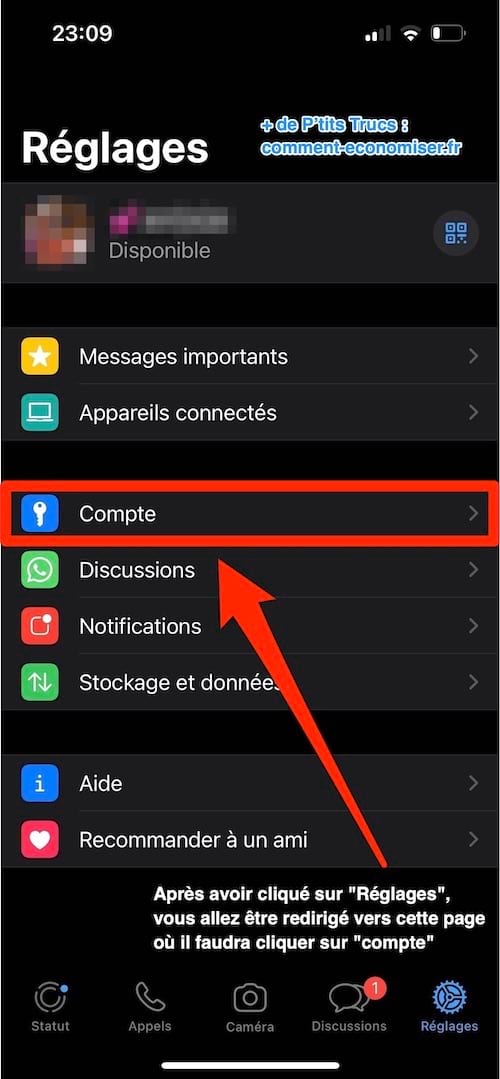 Dans les réglages de WhatsApp appuyez sur compte