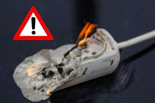 a power strip that caught fire with a danger sign