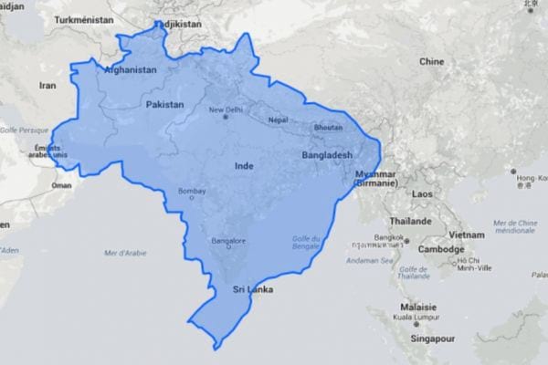 Le Brésil en bleu par rapport à l'Inde