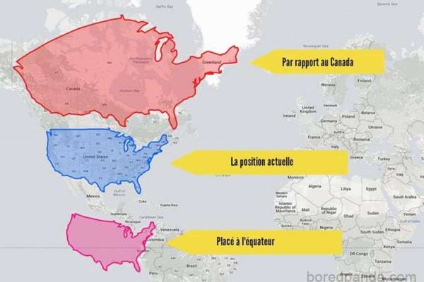 La vraie taille des États-Unis par rapport au Canada et à l'amérique du sud