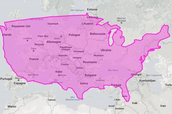 Les États-Unis en violet par rapport à l'Europe