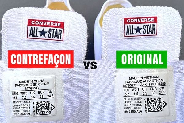 Deux languettes avec taille de Converse une de contrefaçon et l'autre original
