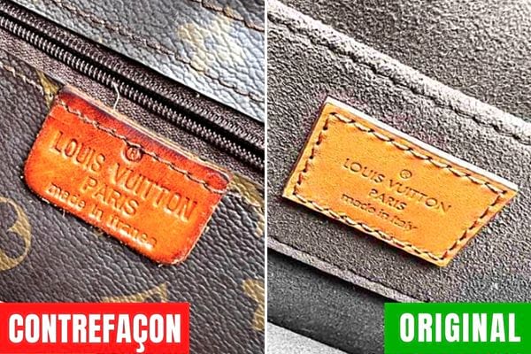 Deux étiquettes Louis Vuitton en cuir sur des sacs une de contrefaçon et l'autre original