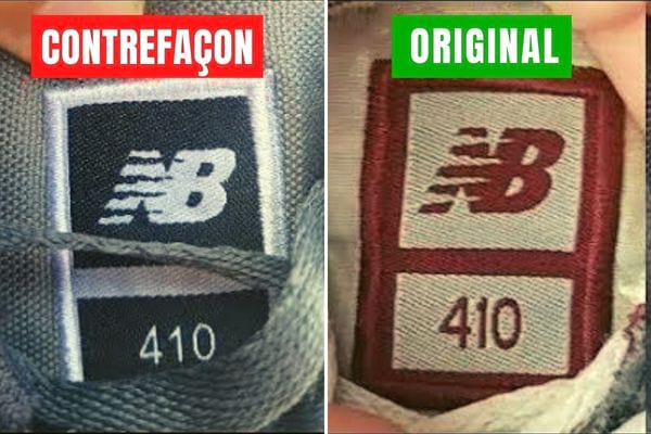 Deux languettes de baskets New Balance une de contrefaçon et l'autre original