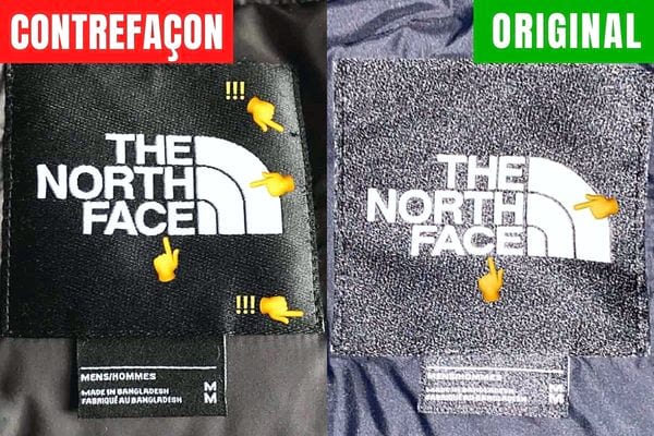 Deux étiquettes The North Face sur des blousons un de contrefaçon et l'autre original