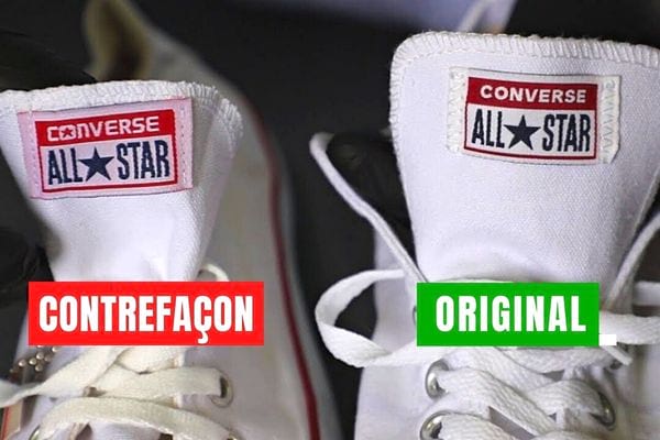 Deux languettes Converse de basket une de contrefaçon et l'autre original