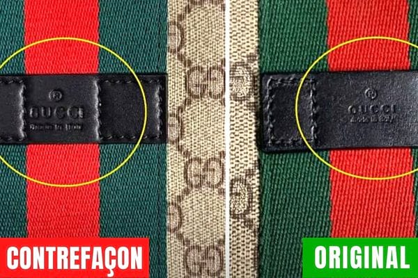 Logo Gucci sur une sacoche de contrefaçon et d'origine 