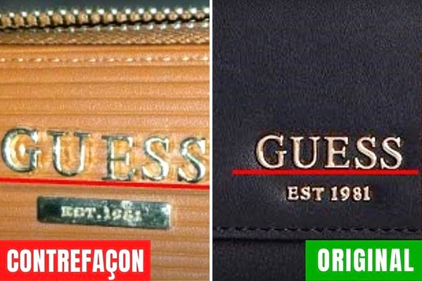 Logo guess sur un sac beige de contrefaçon et noir d'origine 