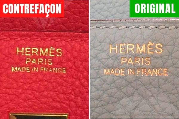 Un logo hermès sur un produit en cuir rouge de contrefaçon et gris d'origine 