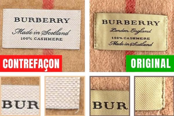 Logo Burberry sur une écharpe de contrefaçon et d'origine 