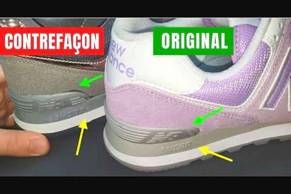 Deux logos New Balance sur des baskets un de contrefaçon et l'autre original