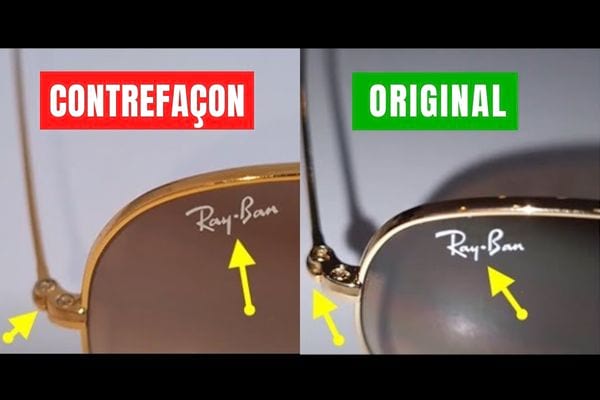 Deux logos Ray-Ban sur les verres de lunettes pour une de la contrefaçon et l'autre l'original 