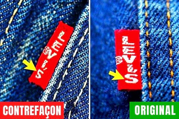 Deux étiquettes Levi's rouge sur jeans une de contrefaçon et l'autre original