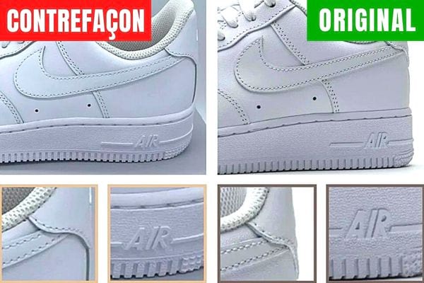 Deux paires de nike air force 1 sur le côté une de contrefaçon et une d'origine 