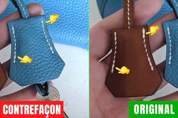Deux parties d'un sac en cuir bleu et marron de contrefaçon et original
