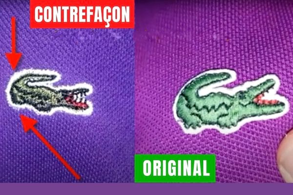 Deux logos Lacoste sur des polos violet qui un est de la contrefaçon et l'autre l'original 