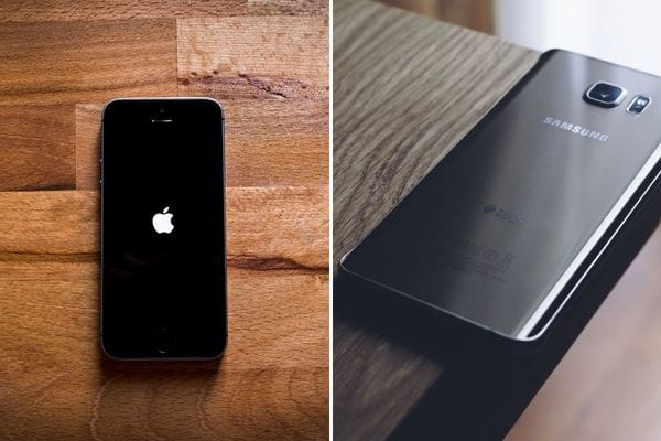 Deux images avec un téléphone apple à gauche et samsung à droite
